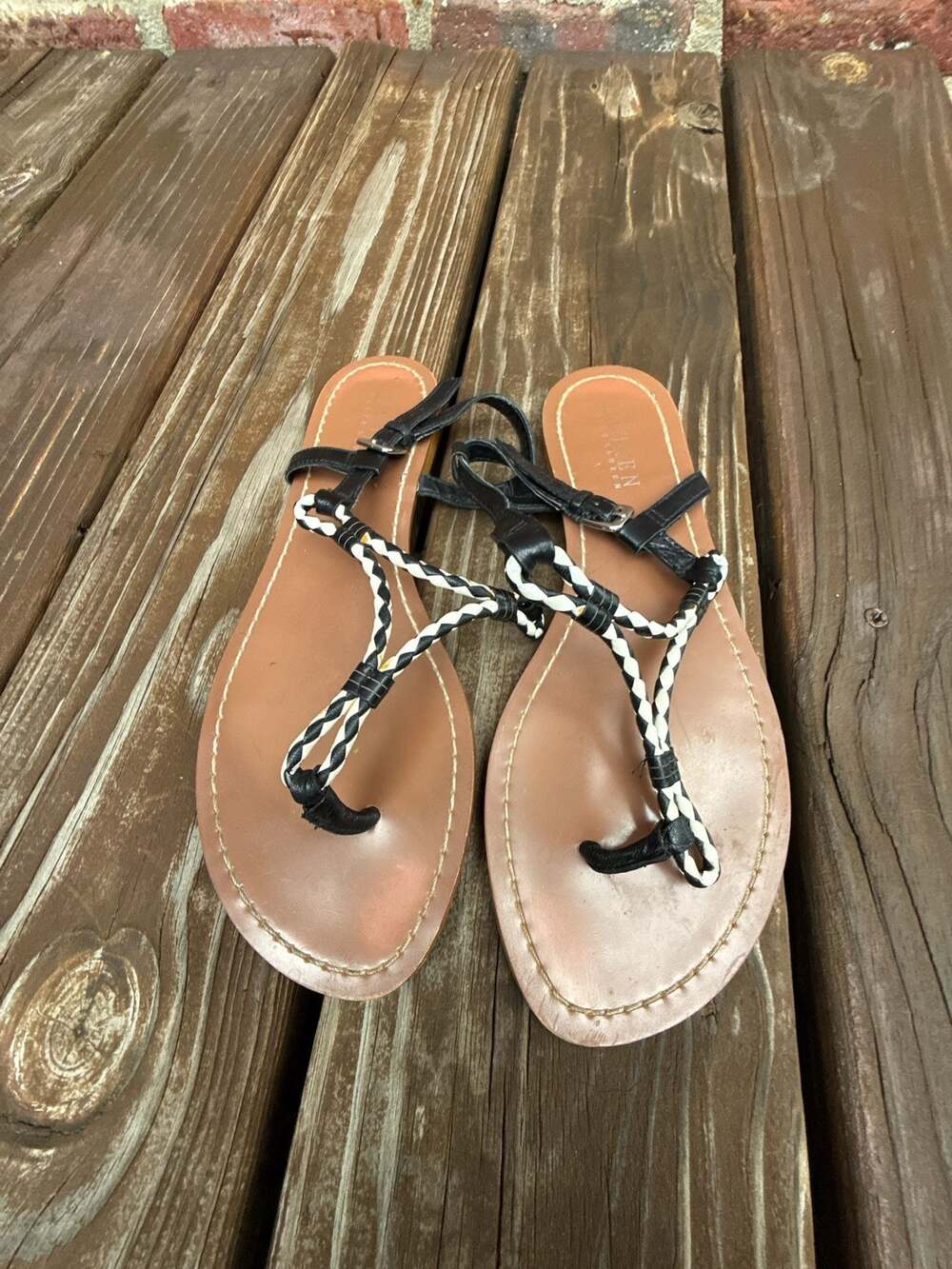 Lauren Ralph Lauren Black and White Braided Thong Sandals Size 8B